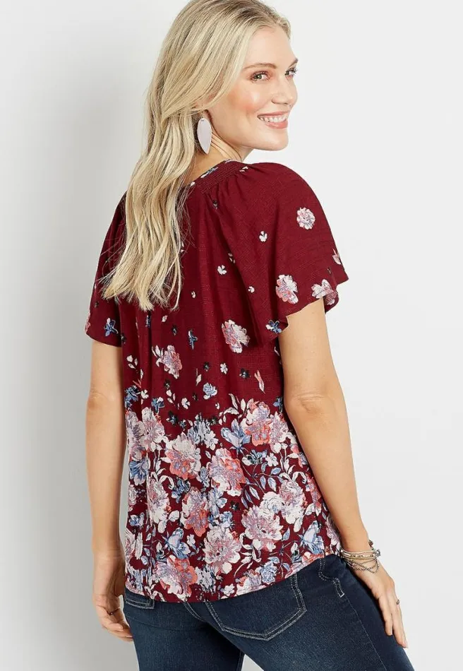 Red Floral Flutter Sleeve Button Front Top Women Maurices Tops