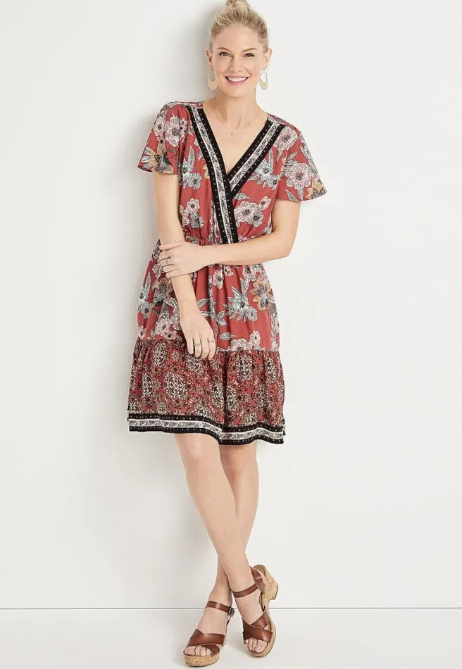 Red Floral V Neck Mini Dress Women Maurices Dresses and Jumpsuits