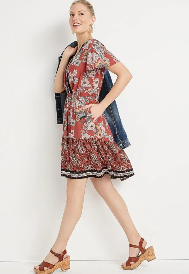 Red Floral V Neck Mini Dress Women Maurices Dresses and Jumpsuits