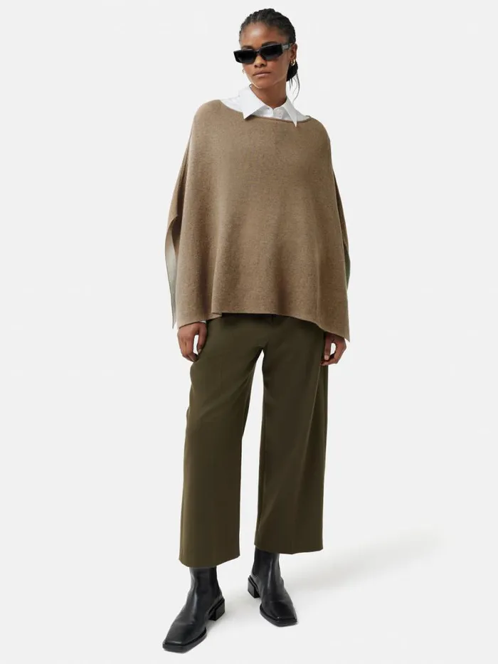 Reversible Cotton Blend Poncho Camel Women Jigsaw Ponchos and Scarves