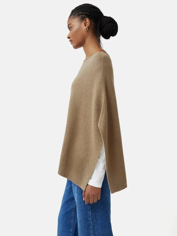 Reversible Cotton Blend Poncho Camel Women Jigsaw Ponchos and Scarves
