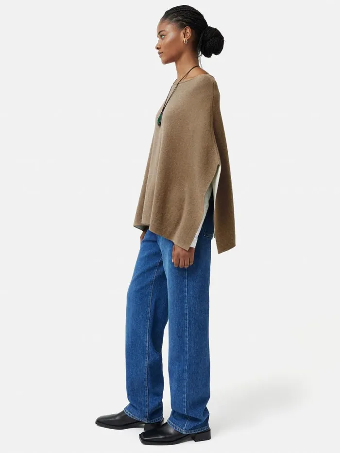 Reversible Cotton Blend Poncho Camel Women Jigsaw Ponchos and Scarves