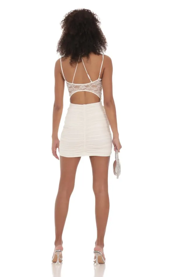 Rhinestone Lace Ruched Dress White Women LUCY IN THE SKY Mini Dresses
