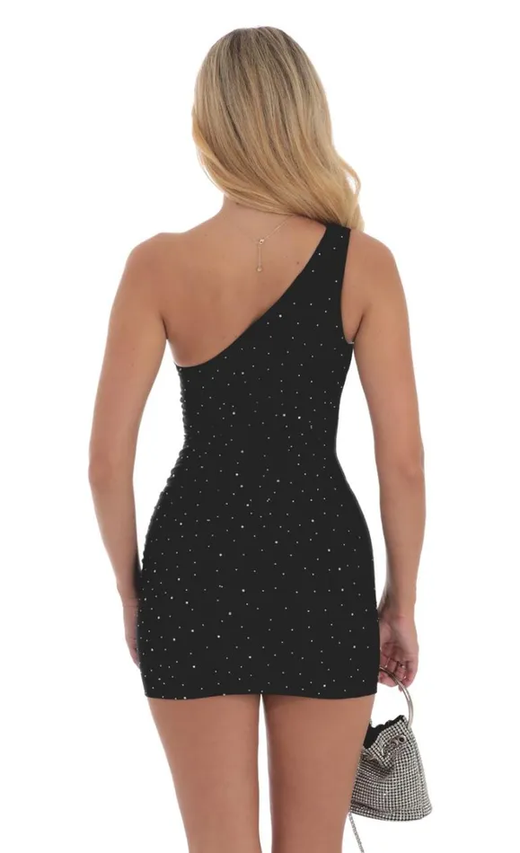 Rhinestone One Shoulder Dress Black Women LUCY IN THE SKY Mini Dresses