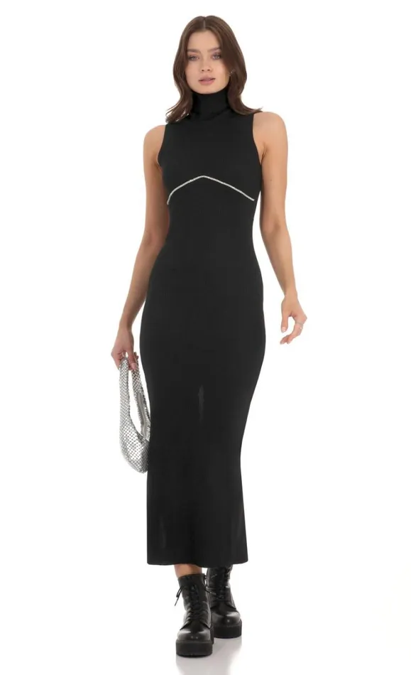 Rhinestone Ribbed Turtleneck Dress Black Women LUCY IN THE SKY Maxi Dresses
