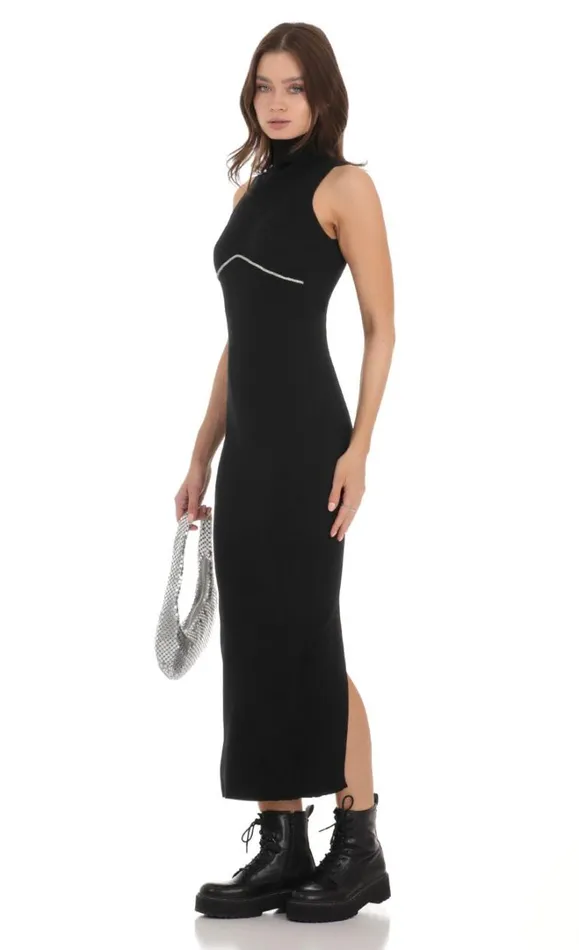 Rhinestone Ribbed Turtleneck Dress Black Women LUCY IN THE SKY Maxi Dresses