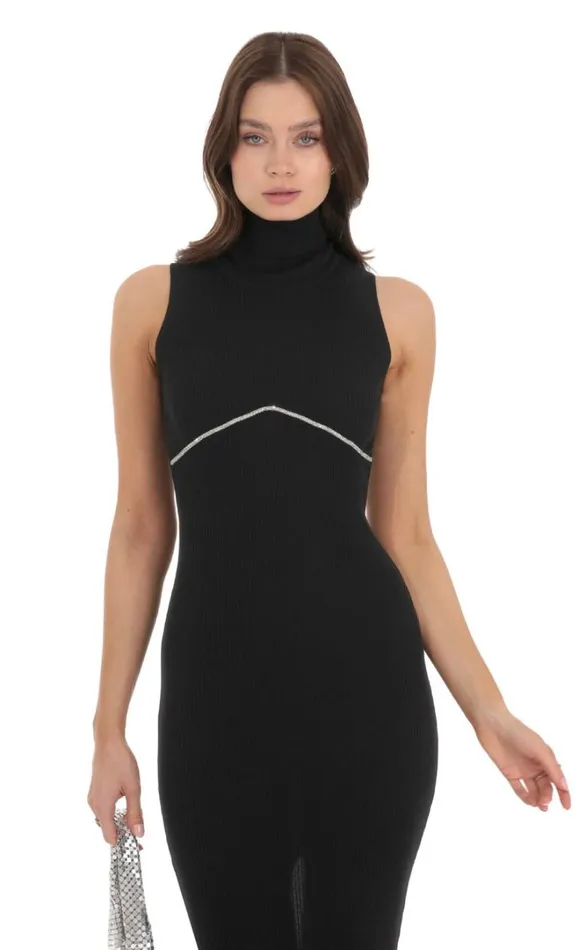 Rhinestone Ribbed Turtleneck Dress Black Women LUCY IN THE SKY Maxi Dresses