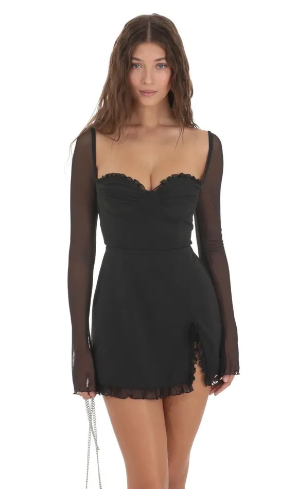 Ruffle Long Sleeve Dress Black Women LUCY IN THE SKY Mini Dresses