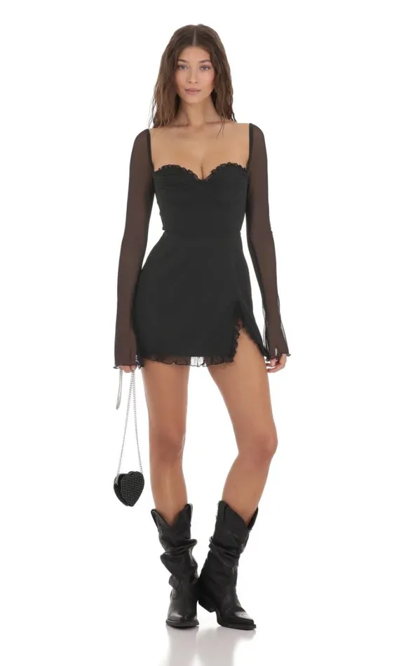 Ruffle Long Sleeve Dress Black Women LUCY IN THE SKY Mini Dresses Ruffle Long Sleeve Dress Black Women LUCY IN THE SKY Mini Dresses