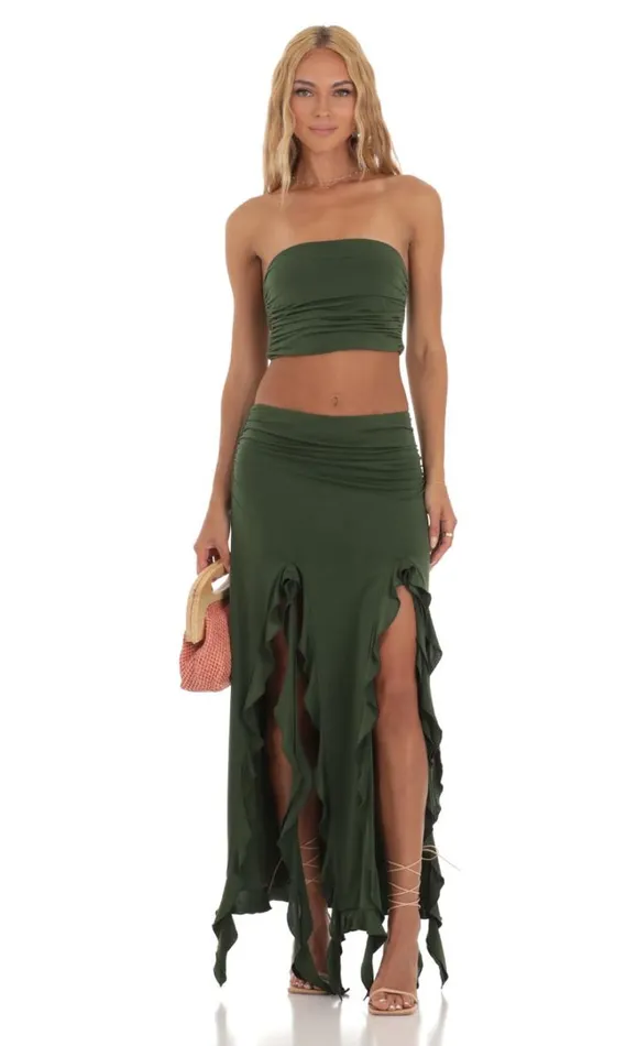 Ruffle Slit Two Piece Set Green Women LUCY IN THE SKY Tops