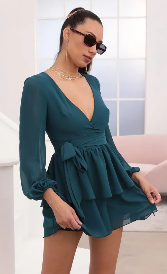 Ruffled Romper Hunter Green Chiffon Women LUCY IN THE SKY Mini Dresses