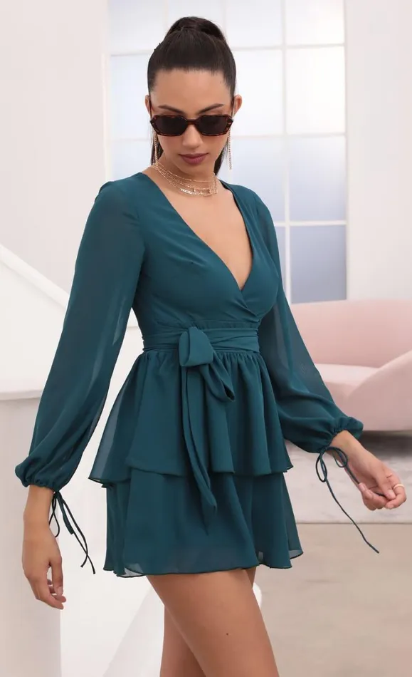 Ruffled Romper Hunter Green Chiffon Women LUCY IN THE SKY Mini Dresses Ruffled Romper Hunter Green Chiffon Women LUCY IN THE SKY Mini Dresses