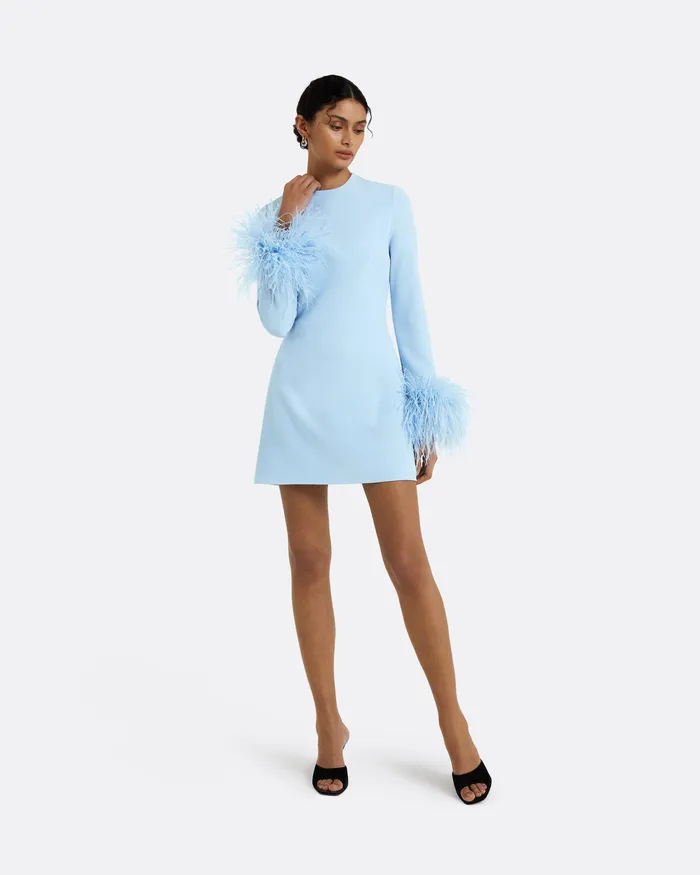 Safiyaa Icons Women Rena Pale Blue FeatherTrimmed Short Dress Pale Blue