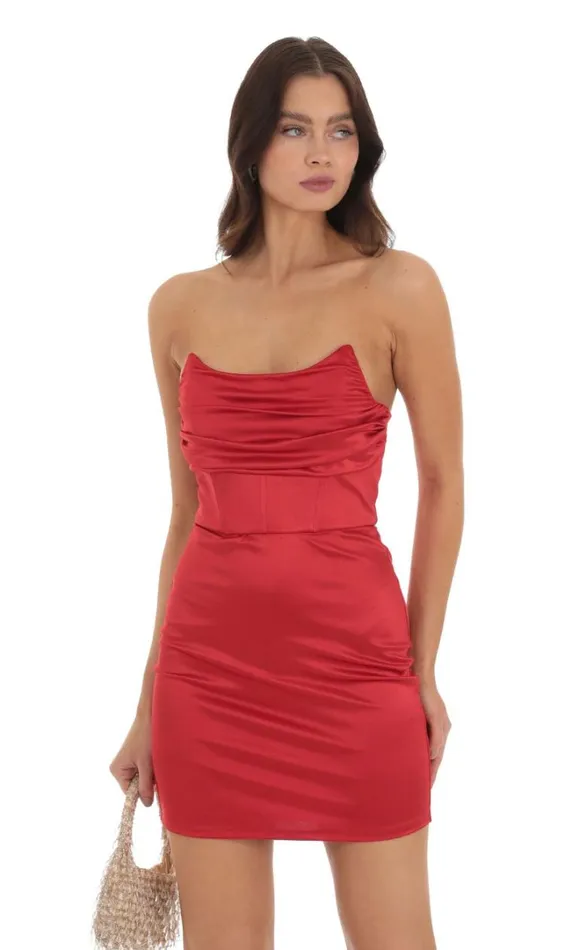Satin Corset Strapless Dress Red Women LUCY IN THE SKY Mini Dresses