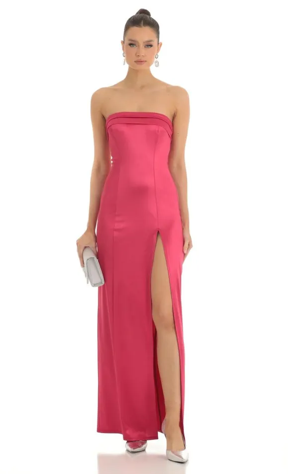 Satin Pleated Strapless Maxi Dress Cherry Women LUCY IN THE SKY Maxi Dresses