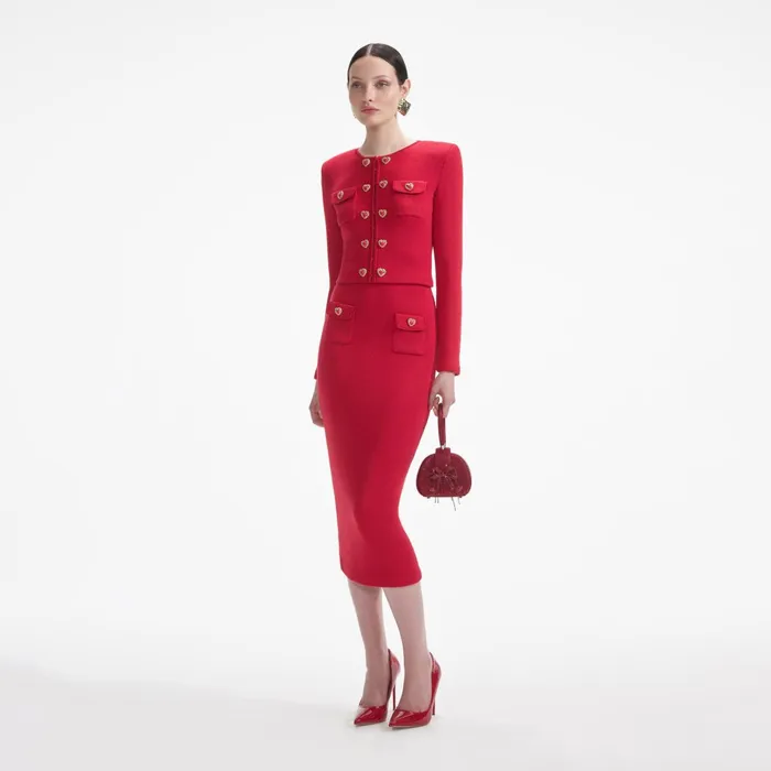 Self Portrait Bottoms Women Red Knit Heart Buttoned Midi Skirt