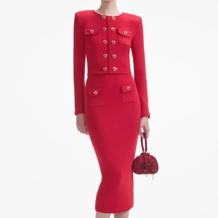 Self Portrait Bottoms Women Red Knit Heart Buttoned Midi Skirt