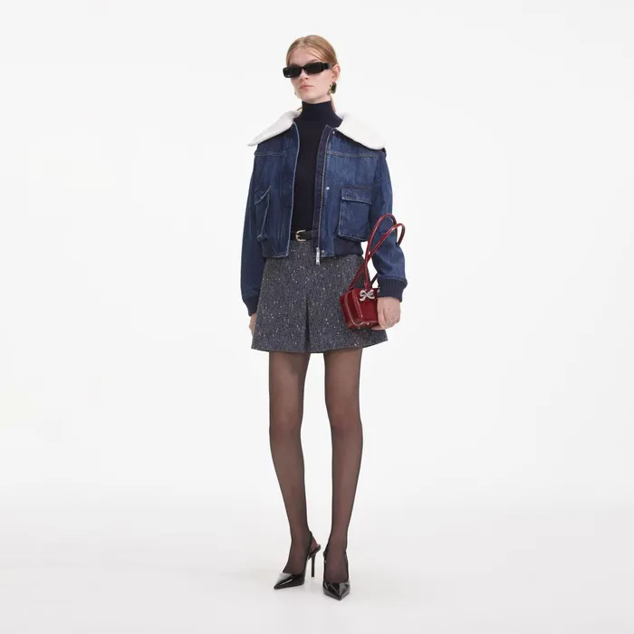Self Portrait Denim Women Denim Knit Collar Jacket