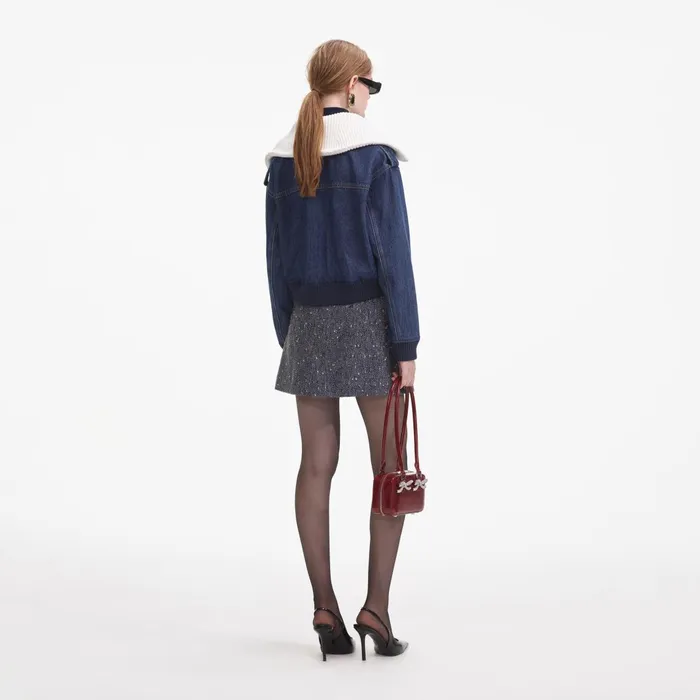 Self Portrait Denim Women Denim Knit Collar Jacket