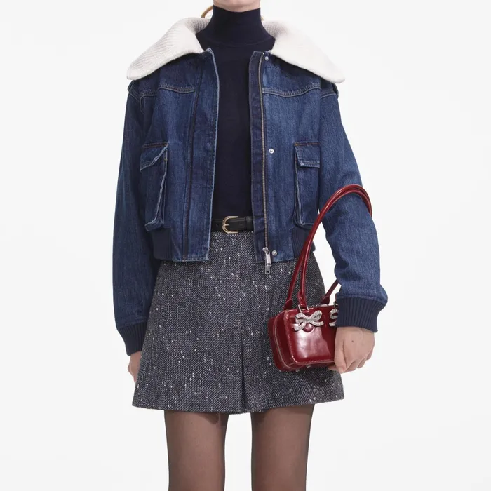 Self Portrait Denim Women Denim Knit Collar Jacket