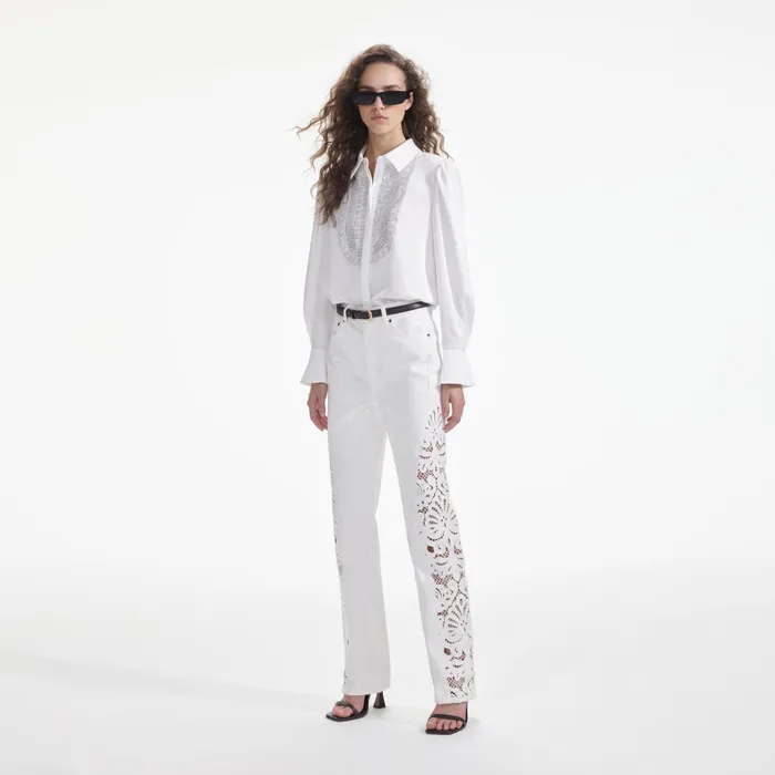 Self Portrait Denim Women White Cutwork Denim Jeans