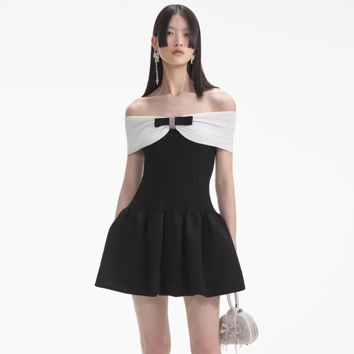 Self Portrait Dresses Women Black Knit Bow Mini Dress