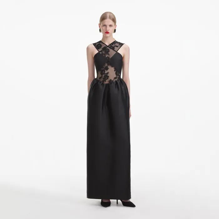Self Portrait Dresses Women Black Lace Taffeta Maxi Dress
