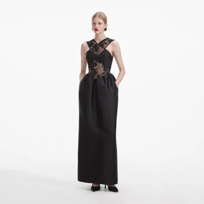 Self Portrait Dresses Women Black Lace Taffeta Maxi Dress