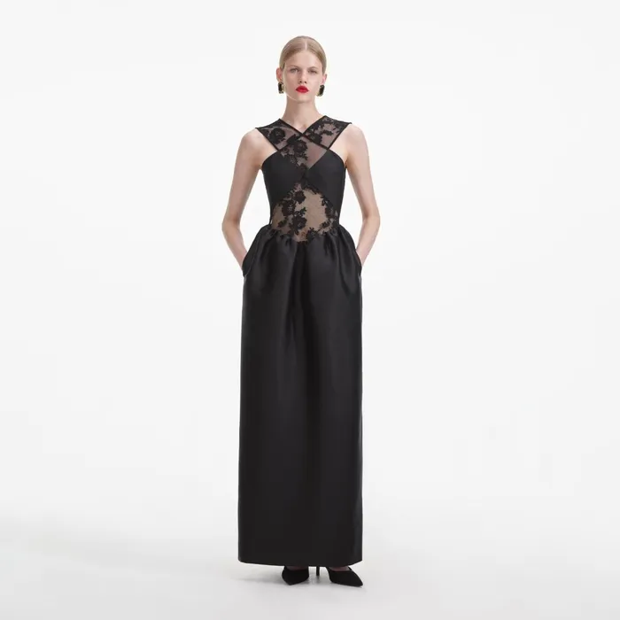 Self Portrait Dresses Women Black Lace Taffeta Maxi Dress