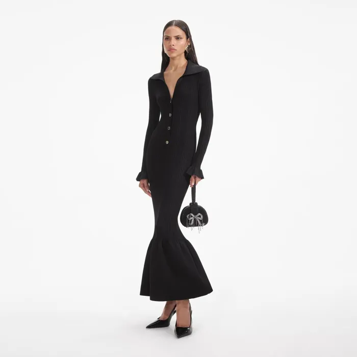 Self Portrait Dresses Women Black Ribbed Knit Fluted Midi Dress