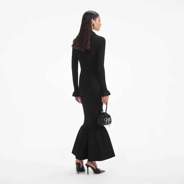 Self Portrait Dresses Women Black Ribbed Knit Fluted Midi Dress
