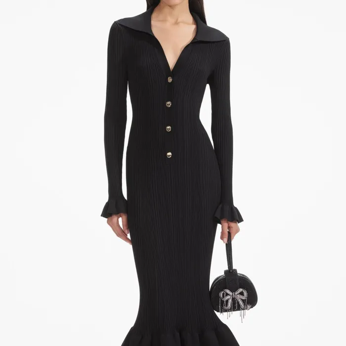 Self Portrait Dresses Women Black Ribbed Knit Fluted Midi Dress