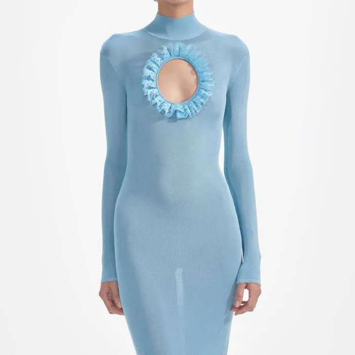 Self Portrait Dresses Women Blue Knit Cut Out Maxi Dress Blue