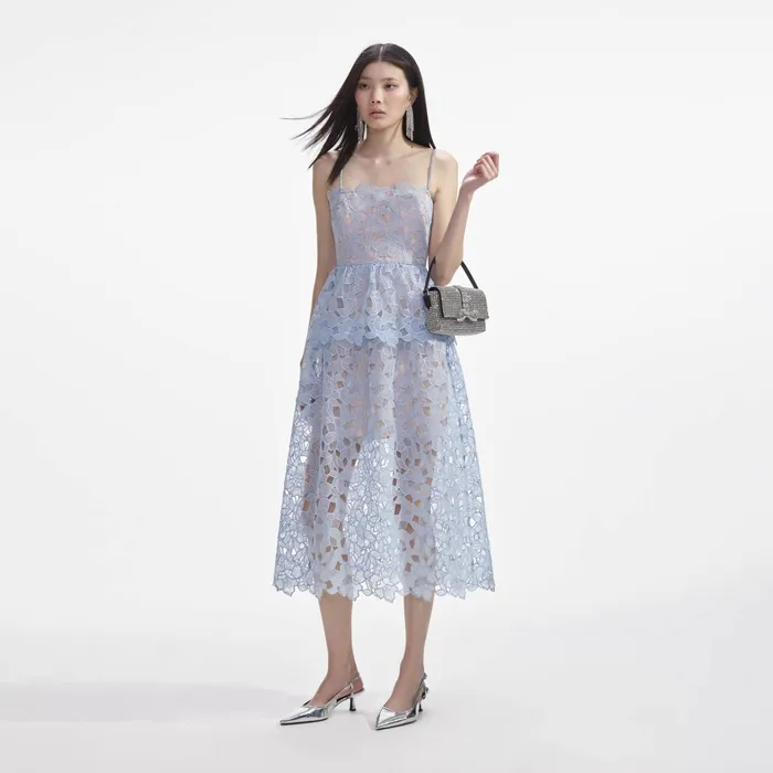 Self Portrait Dresses Women Blue Organza Lace Midi Dress