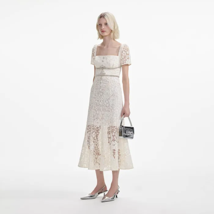 Self Portrait Dresses Women Cream Lace Diamante Bow Midi Dress