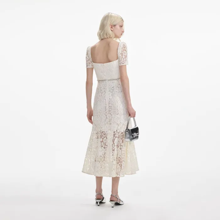 Self Portrait Dresses Women Cream Lace Diamante Bow Midi Dress