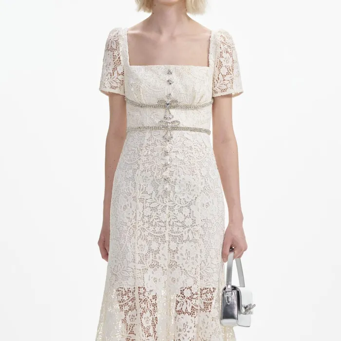 Self Portrait Dresses Women Cream Lace Diamante Bow Midi Dress