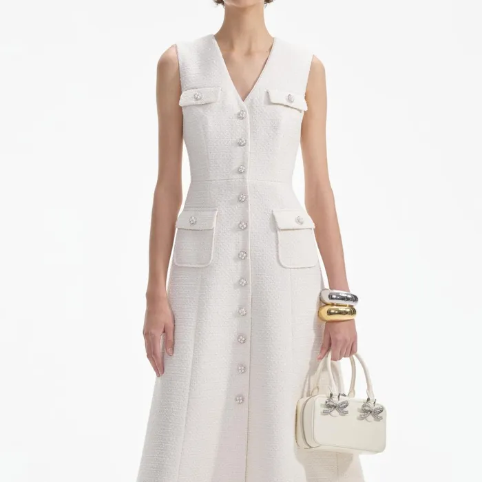Self Portrait Dresses Women Cream Tinsel Boucle Buttoned Midi Dress