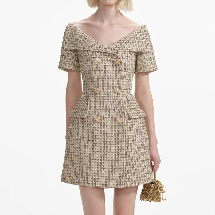 Self Portrait Dresses Women Gold Boucle Open Neck Mini Dress