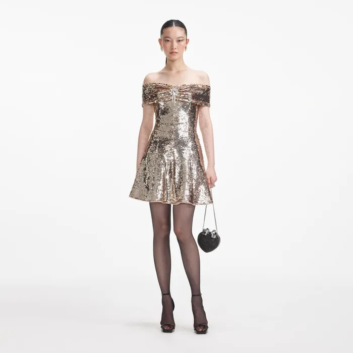 Self Portrait Dresses Women Gold Sequin Off Shoulder Mini Dress