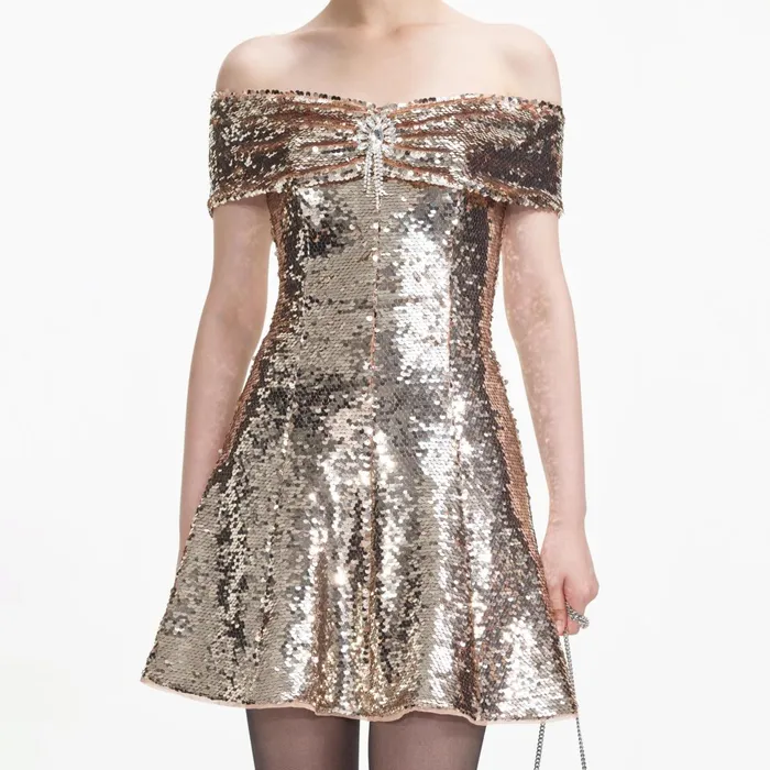 Self Portrait Dresses Women Gold Sequin Off Shoulder Mini Dress