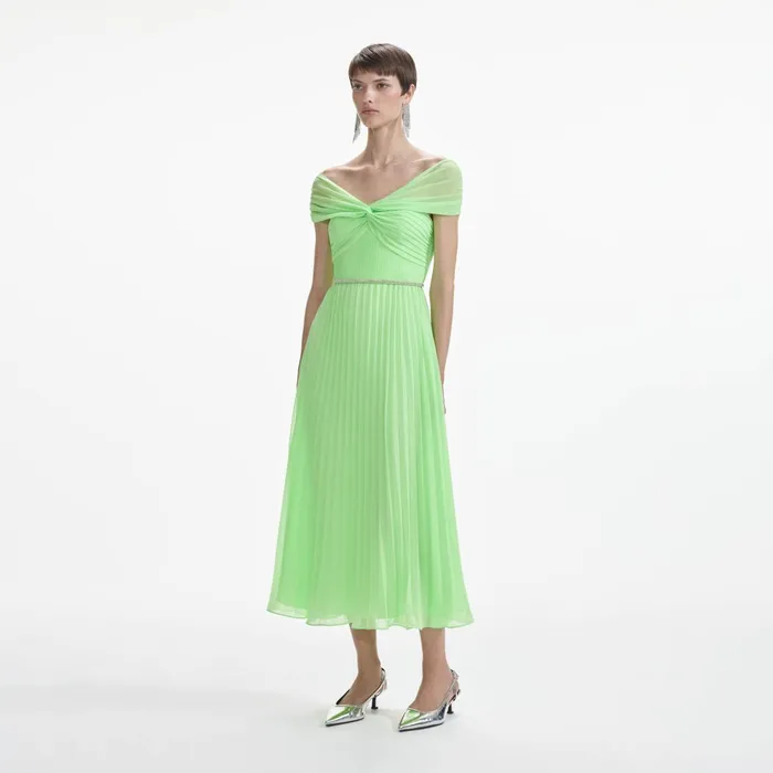 Self Portrait Dresses Women Green Off Shoulder Chiffon Midi Dress