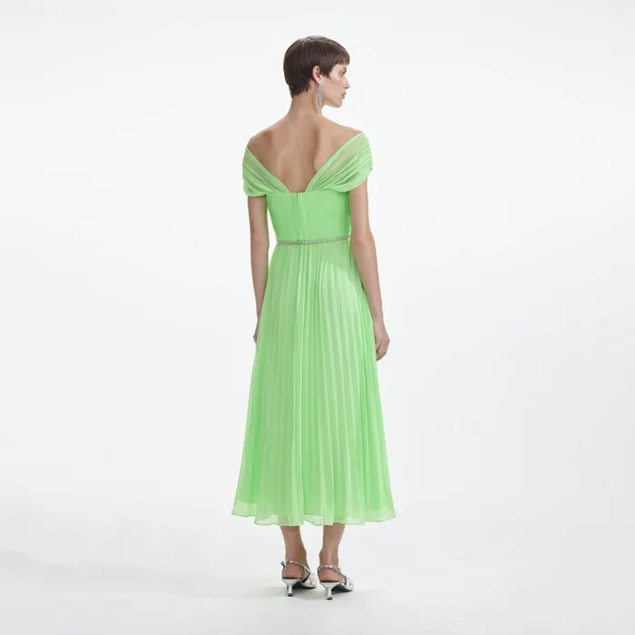 Self Portrait Dresses Women Green Off Shoulder Chiffon Midi Dress