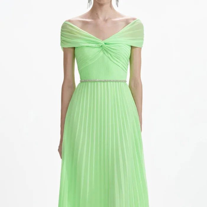 Self Portrait Dresses Women Green Off Shoulder Chiffon Midi Dress