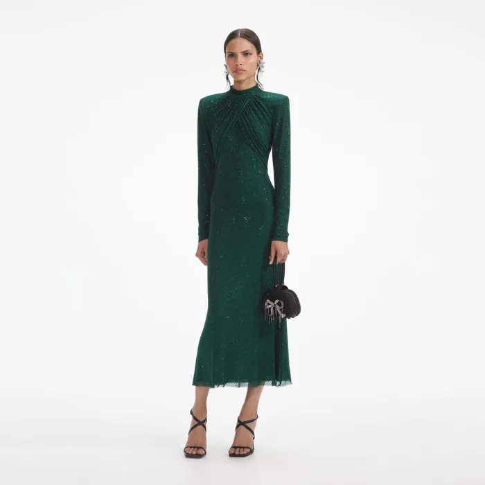 Self Portrait Dresses Women Green Rhinestone Mesh Midi Dress