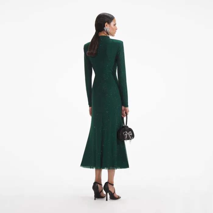 Self Portrait Dresses Women Green Rhinestone Mesh Midi Dress