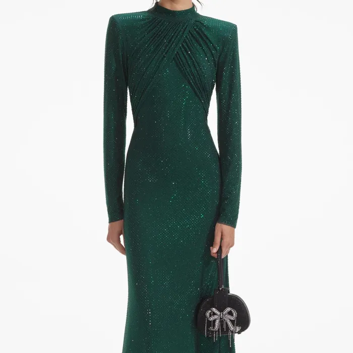 Self Portrait Dresses Women Green Rhinestone Mesh Midi Dress