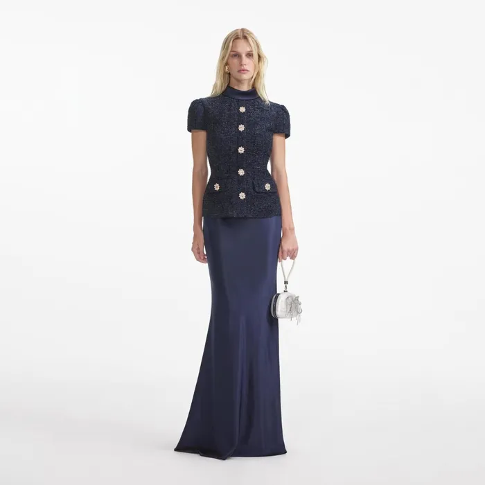 Self Portrait Dresses Women Navy Metallic Boucle Maxi Dress