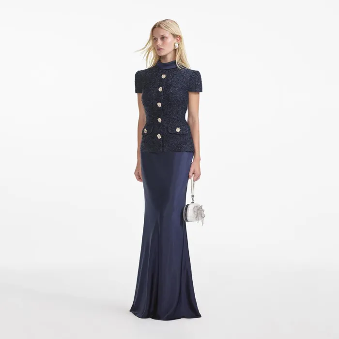 Self Portrait Dresses Women Navy Metallic Boucle Maxi Dress