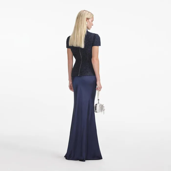Self Portrait Dresses Women Navy Metallic Boucle Maxi Dress